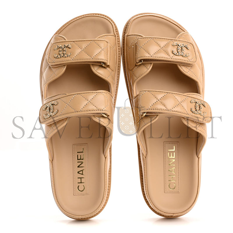 Ch**el lambskin quilted velcro dad chain cc slide sandals beige